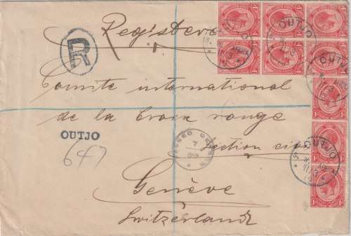 South West Africa 1919 SAKGV 1d x9 on Outjo registered Red Cross cover to Geneve