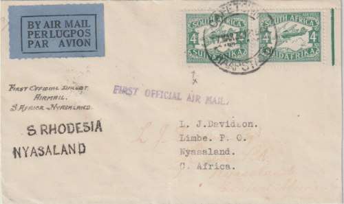 South Africa 1934 1st Flight cover from Cape Town to Limbe Nyasaland