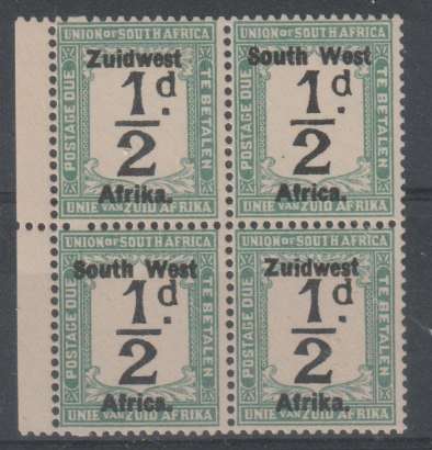 South West Africa postage due 1923 Type III 1/2d block of 4 with missing perf hole