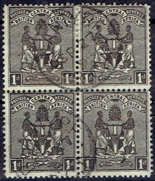 Nyasaland 1895 Arms 1d bl0ck no wmk block of 4 with Blantyre cancellation