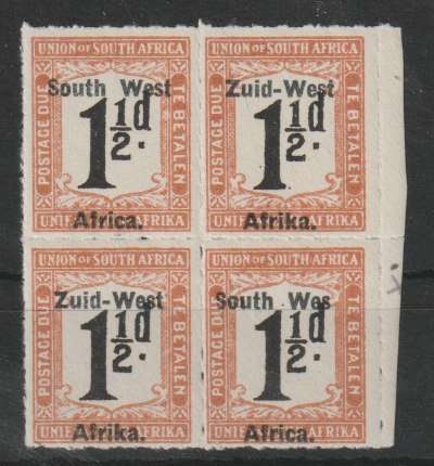South West Africa Postage Due 1923 1 1/2d block with no t after West unmounted mint