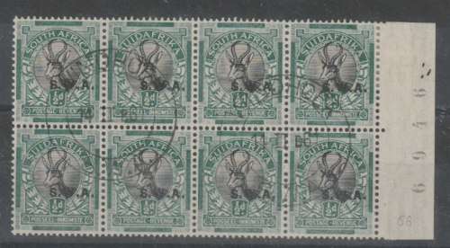 South West Africa 1930 Roto 1/2d sheet no block of 8 with overprint shifted to right very fine used