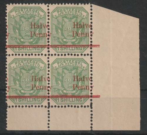 Transvaal 1895 Surcharges Half Penny on 1s block of 4 with major shift of overprint