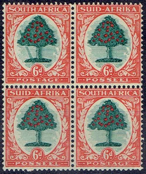 South Africa 1933 Hyphenated 6d block of 4 with falling ladder plate flaw