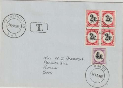 South West Africa Postage Due 1982 Grootfontein to Rundu cover with 2c block of 4 and 4c
