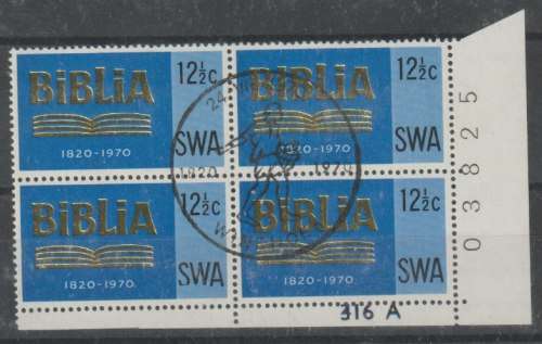South West Africa 1970 Biblia 12 1/2c A control block with shaved SWA variety very fine used