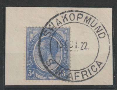 South West Africa - WWI South Africa Occupation KGV 3d blue with Swakopmund cds on piece