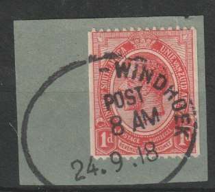 South West Africa - WWI South Africa Occupation KGV 1d red coil with Windhoek cancel on piece