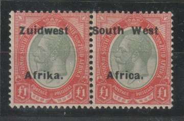 South West Africa 1924 KGV Type VIa £1 olive green pair  with overprint shift to left