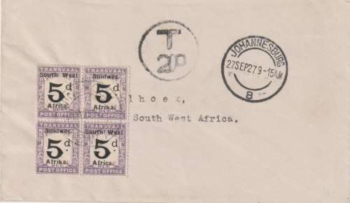 South West Africa Postage Due 1927 Johannesburg to Windhoek with 20d Tax marking & 5d pdue blk 4