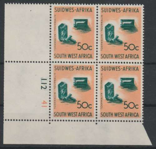 South West Africa 1962 1st Definitive No wmk 50c blurred wmk, c/blk of 4  very fine unmounted mint