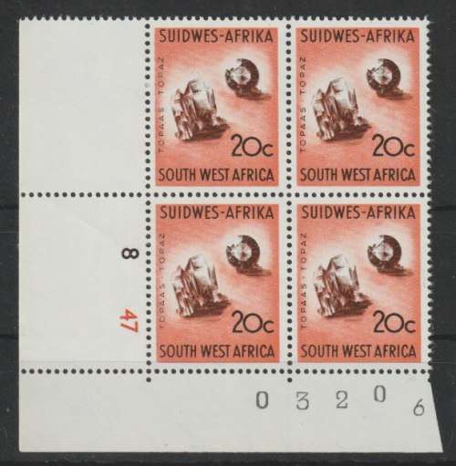South West Africa 1968 1st Definitive Swiss 20c, c/blk of 4  very fine unmounted mint