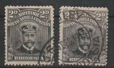 Rhodesia BSAC 1913/22 KGV Admiral Die II  perf 14  2d  both printings  fine used