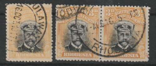 Rhodesia BSAC 1913/22 KGV Admiral Die II  perf 14  3d two printings  fine used