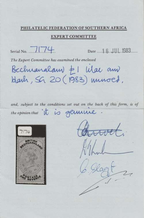 Bechuanaland 1887 QV £1 extremely  fine mint with certificate