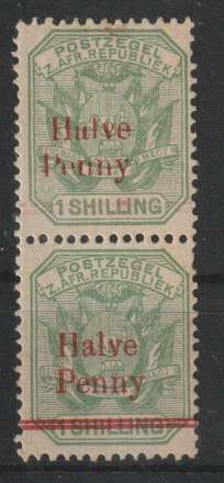 Transvaal 1895 Surcharges Half Penny on 1s pair with missing bars on top stamp very fine mint