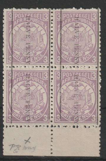 Transvaal 1885  Halve Penny on 3d block of 4 with PRNNY flaw very fine unmounted mint
