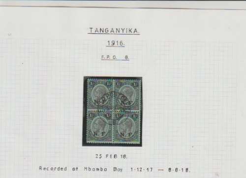 Tanganyika Nyasaland Rhodesia Force 1916 1s block of 4 with FPO 8 cancel very fine used