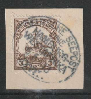 South West Africa Postmarks 1914 Deutsche Seepost Hamburg ... oval  cancel on 3pfg very fine