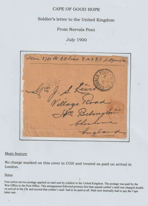 Anglo Boer War 1900 Unfranked Soldiers letter from Norvals Pont to England, very fine
