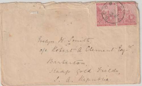 Cape of Good Hope 1886 1d pair on Bowden cover to Barberton Kaap Gold Fields