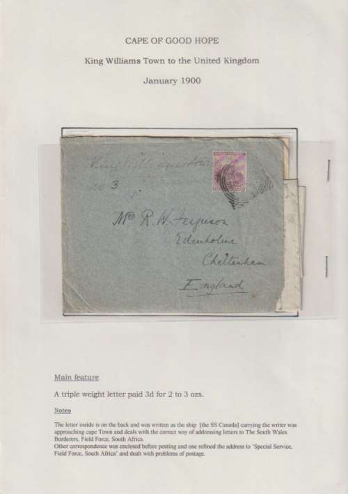 Anglo Boer War 1900 COGH 6d on cover to Uk with 2 enclosed letters very fine