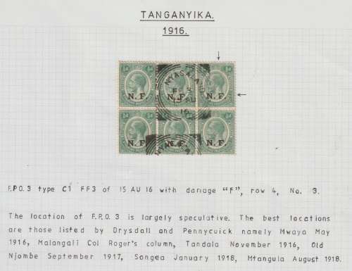 Tanganyika Nyasaland Rhodesia Force 1916 1/2d block of 6 with broken F and FPO 3 cancel