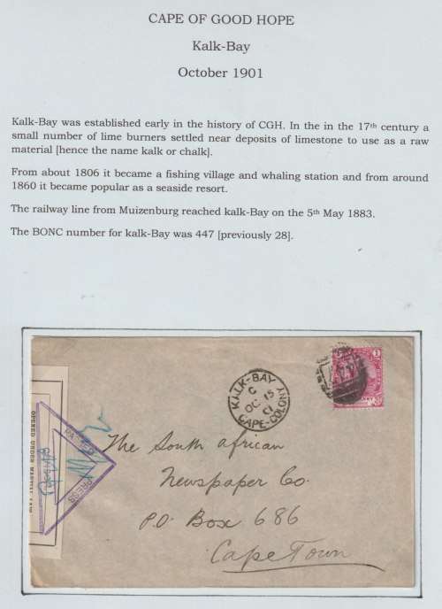 Anglo Boer War 1901 COGH 1d on Kalk Bay BONC 447 proving censored cover to Cape Town