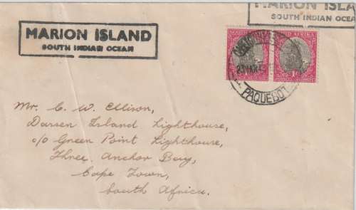 South Africa 1948 1d pair Cape Town paquebot & Marions Island cachet on 1st expedition, 6th mail