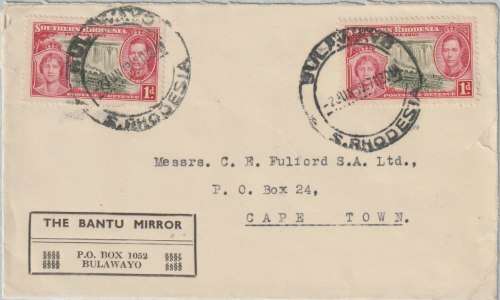 Southern Rhodesia 1937 KGVI Coronation 1d x2 on The Bantu Mirror cover from Bulawayo to Cape Town