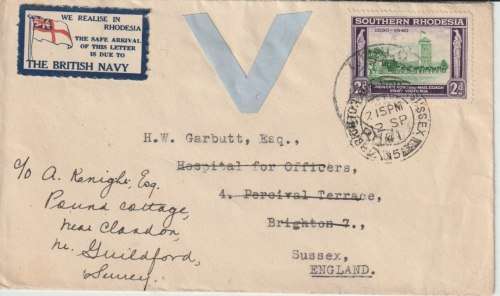 Southern Rhodesia 1941 WWI Gwelo cover to Uk with ribbon V, British Navy label and Gwelo label