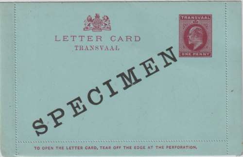 Transvaal 1910 KEVII 1d postal stationary Letter Card overprinted Specimen, very fine