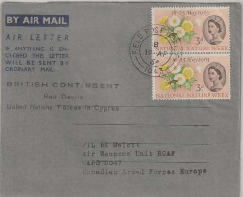 Cyprus 1964 GB 3d on air-letter with FPO 1043 UN Peace keeping Force very fine