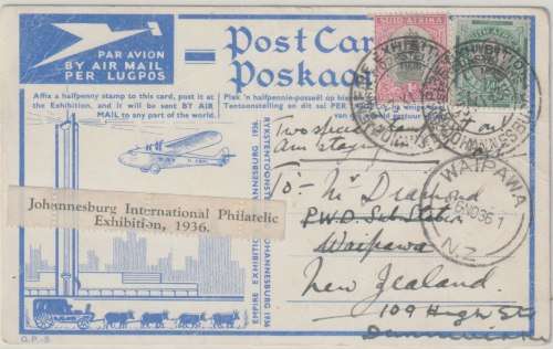 South Africa 1936 Jipex exhibition card addressed to New Zealand