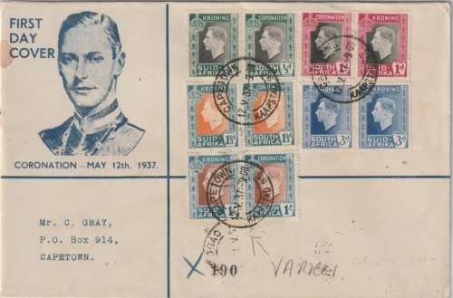 South Africa 1937 KGVI Coronation first day cover with 1s having hyphen flaw