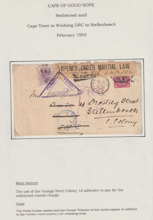 Anglo Boer War 1902 COGH 1d Cape Town to Winburg OFS 1s added redirected Stellenbosch