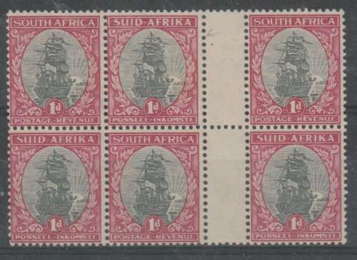 South Africa 1933/48 Hyphenated 1d coil gutter block of 6 inverted watermark