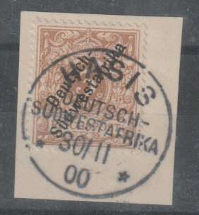 South West Africa 1898 3Pfg bright brown ochre very fine used on piece with Hasis cds