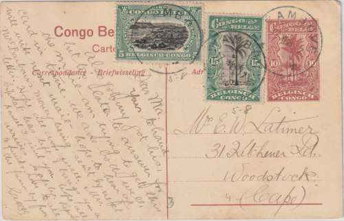 Belgian Congo 1921 10c p/s/p/card with additional 5c & 15c from Kambove to SA
