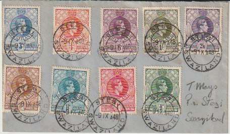 Swaziland 1948 KGVI Definitive values to 2/6 on Stegi cover fine used