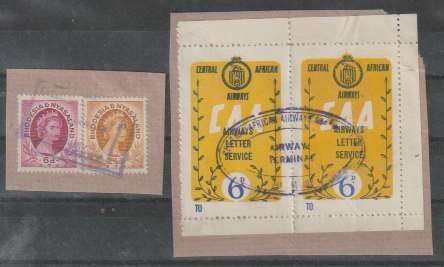 Rhodesia and Nyasaland 1959 CAA 6d label pair and QEII definitive 2 1/2d & 6d used