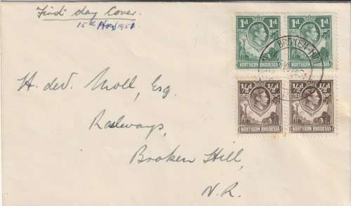Northern Rhodesia 1951, 15 Nov.,  KGVI 1/2 & 1d pairs on Broken Hill first day Cover cover