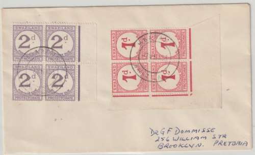 Swaziland 1953 Postage Due1d 7 2d in blocks of 4 cancelled on Mbabane cover very fine