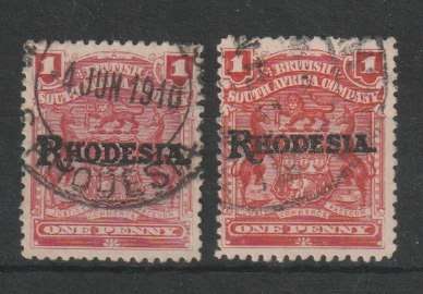 Rhodesia BSAC 1909 Arms Rhodesia 1d with 2 distinct sizes in overprint fine used