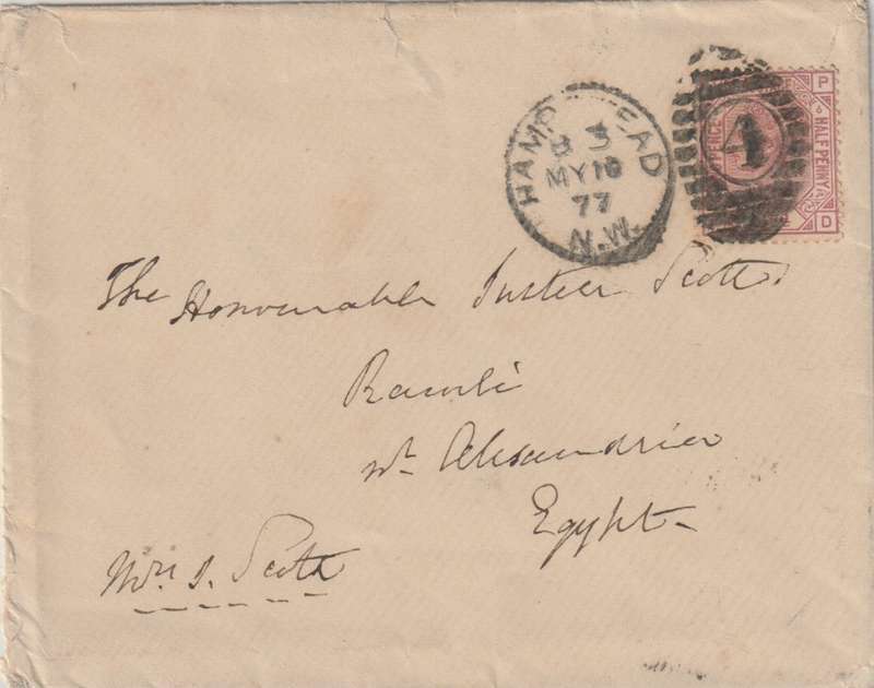 Great Britain 1877 QV 2 1/2d rosy-mauve plate 6 on Hampstead cover to Alexandria Egypt fine