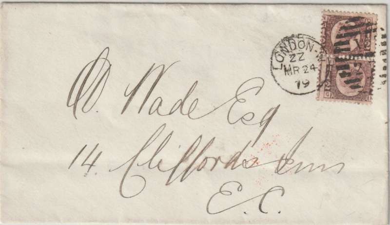 Great Britain 1879 QV 1/2d brownish-rose shade x2, plates 13 & 14 on local London cover fine