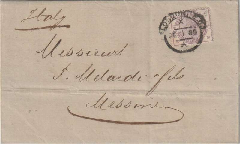 Great Britain 1885 QV 2 1/2d lilac on London entire to Messina / Italy fine