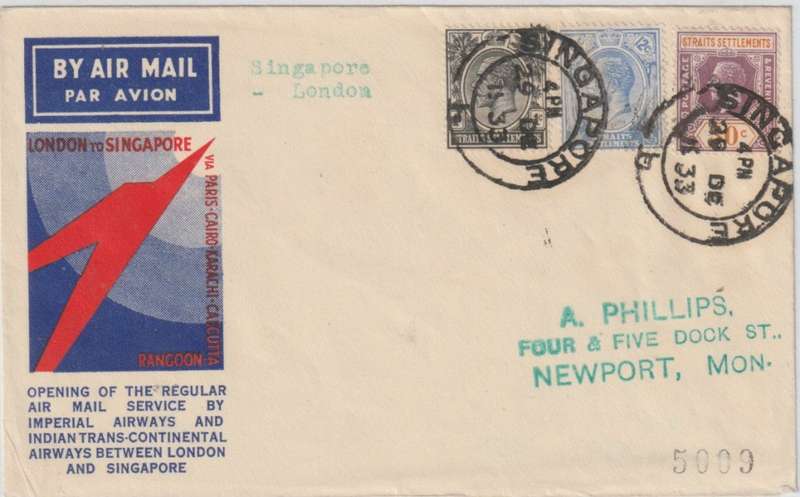 Singapore - Straits Settlements on 1st Flight cover to London very fine