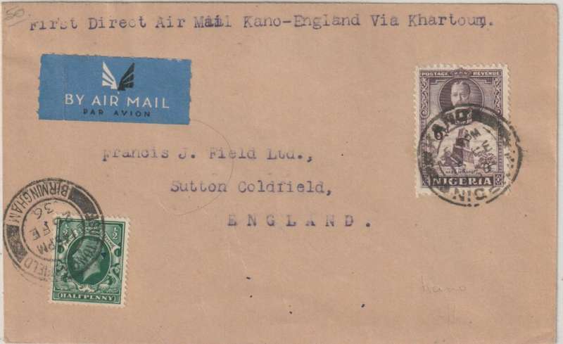 Nigeria 1936 1st Flight Kano via Khartoum to England cover very fine