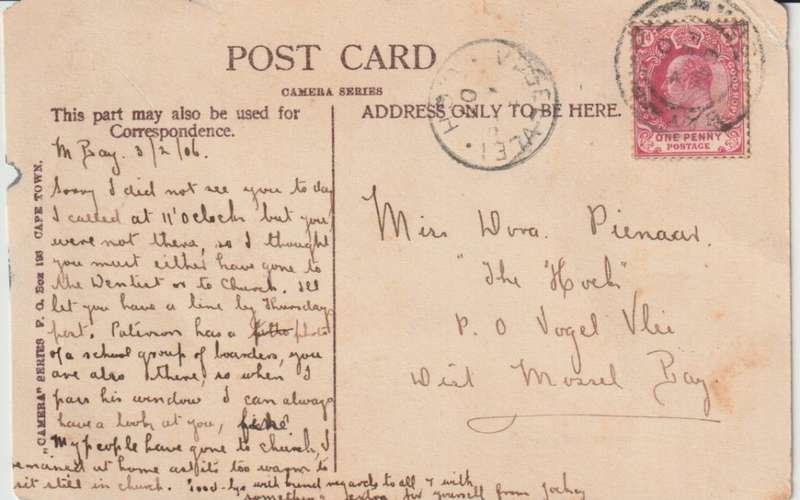 Cape of Good Hope 1906 KEVII 1d on p/p/card from Mosselbay to Vogel Vlei arrival cancel